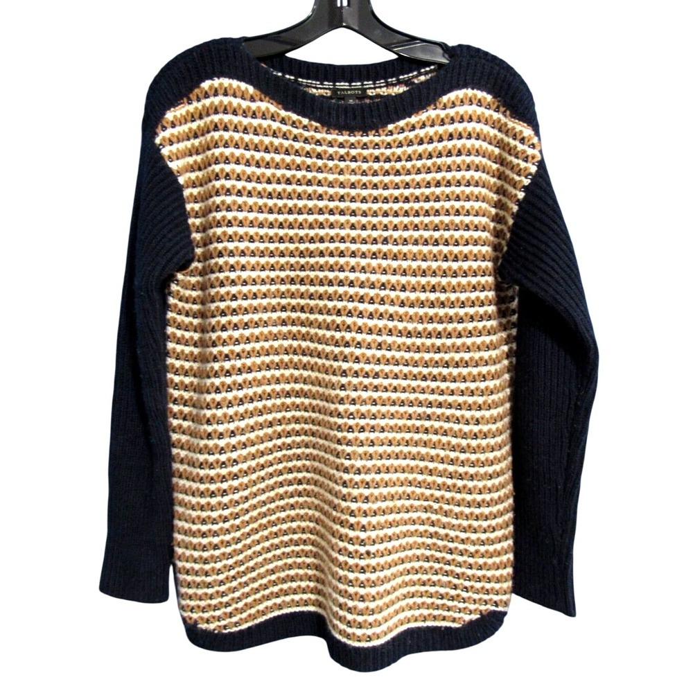 TALBOTS Warm Midweight Pullover WOOL BLEND Navy/Brown/White Knit Sweater Sz M